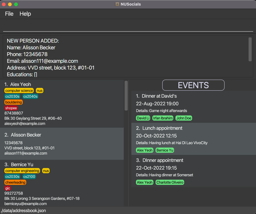 result for 'add n/Alisson Becker p/12345678 e/alisson111@example.com a/VVD street, block 123, #01-01'